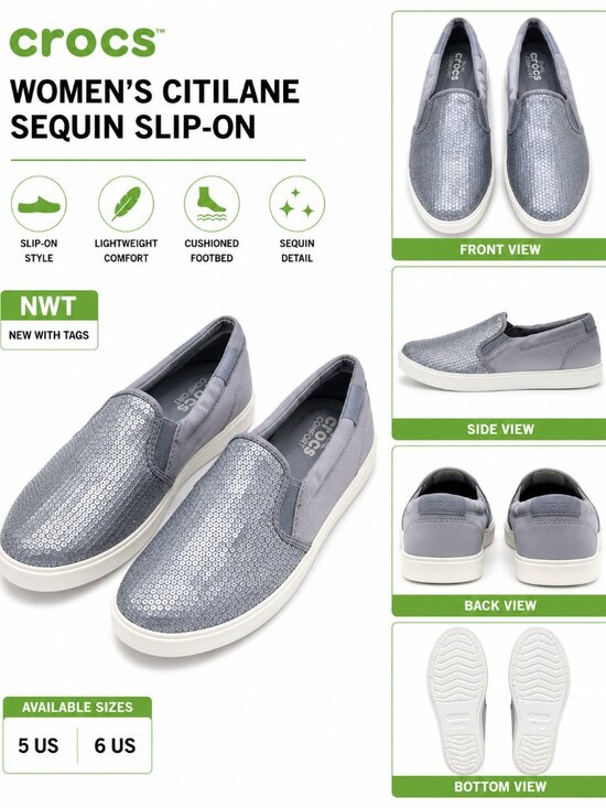 CROCS Shoes - NWT Crocs CitiLane Sequin Slip-On Shoes Silver Women's Sizes 5 & 6